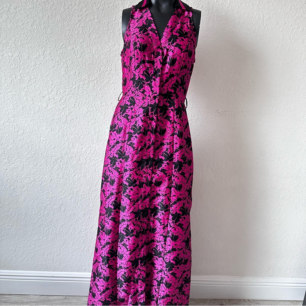 Pink and Black Sleeveless Halter Maxi Dress